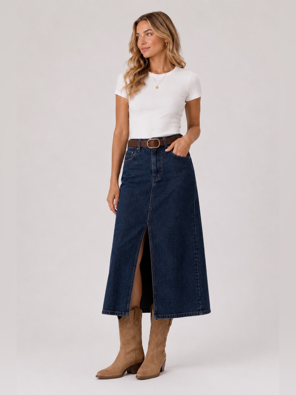 NWT WEWOREWHAT Denim Modest Trad Wife Midi Skirt‎ M Dark Wash Minimalist Western